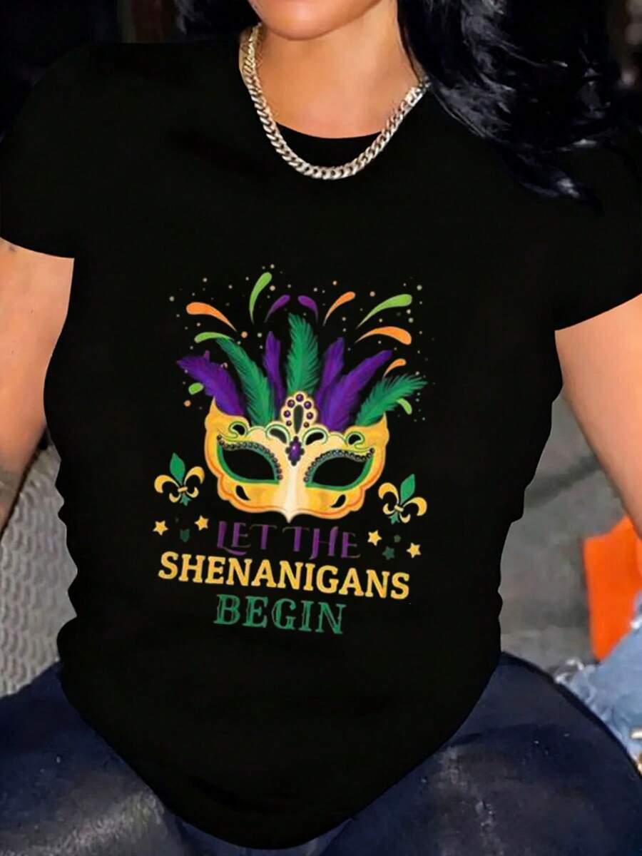Camiseta para Mujer con Diseño de Máscara de Carnaval Let the Shenanigans Begin Estilo Festivo para Fiestas de Mardi Gras y Celebraciones Coloridas 220g Entrega Rápida - Negro - Ver 1