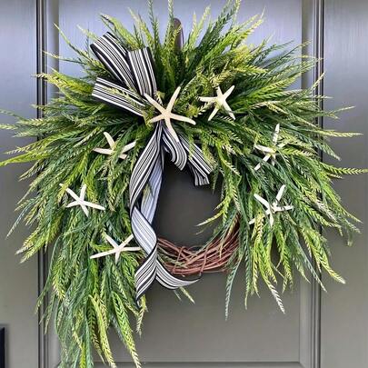 18 Inch Artificial Wreath, Starfish Green Wreath For Home And Front Door Decoration, Greenery Wreaths With Starfish And Bow Tie For Home Decoration Easter, Starfish Wreath For Everyday Indoor And Outdoor