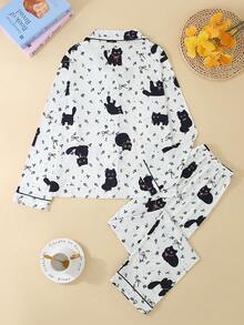 两件套女士睡衣套装，翻领纽扣长袖上衣搭配松紧腰宽松长裤，四季皆宜，卡通猫咪印花，舒适休闲。 - 紅色 - 查看 2