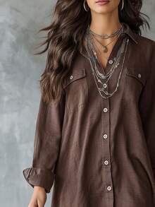 Women's Brown Long Sleeve Polyester Button-Up Shirt Dress, Collared, Front Short Back Long Design With Pockets Spring - Brown - View 5