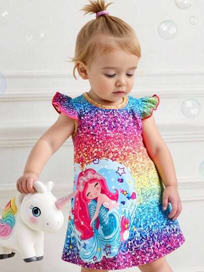 Baby Girl Casual Brick Print Cartoon Mermaid Graphic Cap Sleeve Dress