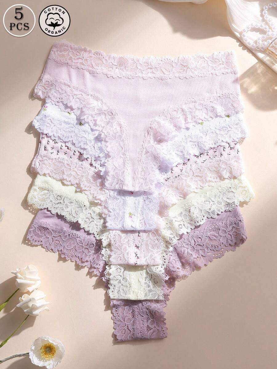 5条装女士性感蕾丝拼接无缝低腰丁字裤，柔软舒适透气，适合瑜伽、运动和日常穿着。