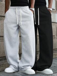 Set de 2 pantalones rectos y sueltos para hombres, con cintura con cordón, diseño de cintura alta, unicolor, estilo deportivo casual, adecuado para ocio al aire libre y uso diario en primavera - Multicolor - Ver 3