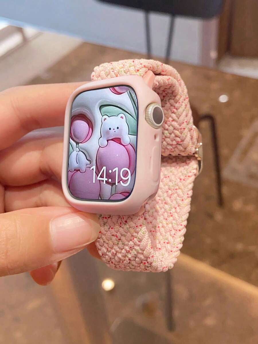 2件套男女时尚弹力透气可调节编织表带及柔软可爱镂空硅胶保护壳，适用于表带40/41/42/44/45/46/49mm，适用于 Series Ultra/SE/11/10/9/8/7/6/5/4，智能手表配件