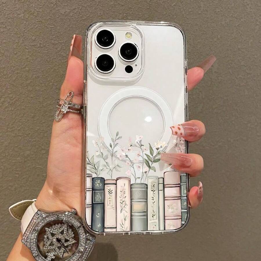 Soft Girl Magnetic Case For IPhone11/12/13/14/15/16/17/Promax, Floral Bookshelf Lightweight, Drop-Proof, MagSafe Compatible | Perfect For Teen GirlsYOUR-BELOVED-PHONE Christmas Gifts Christmas Gifts,New Year Gifts,Valentine's Day Gifts - 透明的 - 查看 1