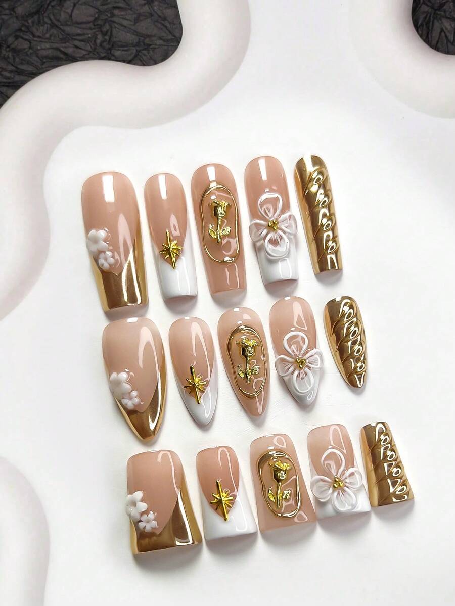 10pcs Elegant & Delicate Gold Nail Stickers, Handmade Nail Art Set, White Translucent Flower Nail Decals, 5-Petal Flower, Star, Rose Nail Accessories, Gold & White Gel Nail Decorations, 3 Sizes: Almond, Duck Mouth, Coffin Shape, Includes Tool Kit, Suitable For Women & Girls, For Party, Event, Daily Nail Care Nails Nail Supplies Handmade Press On Nails - 彩色 - 查看 1