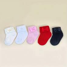 5双装婴儿纯色短袜，新年袜，经典红、黑、白、粉、米色，饰有蝴蝶结，色彩鲜艳，柔软舒适，适合春、夏、秋季日常穿着，适合0-3岁宝宝，节日袜，精美礼物，情人节袜 - 彩色 - 查看 6