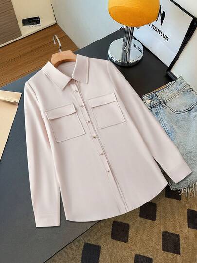 Women's Solid Color Button Pocket Shirt Collar Long Sleeve Elegant Blouse