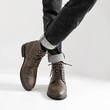 Men's Retro Work Boots, Round Toe, Thick Sole, Dual-Color Upper, Rubber Sole, Beige Stitching - Camel - View 3