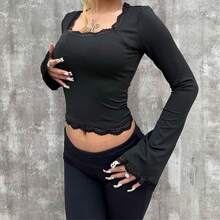 Bluzka z dzianiny w jednolitym kolorze z koronką i patchworkiem, odpowiednia na co dzień, do biura, na randkę, do uprawiania sportu i fitnessu, na jesień