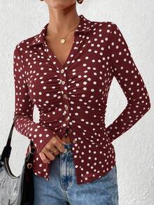 Women Button Down Floral Shirts  Fall Long Sleeve V Neck Ruched Fitted Mesh Blouse Tops Date Outfits Valentine's Day Vacation Fall Clothes For Women - Đáy màu đỏ rượu vang và trắng lượn sóng - Xem 5