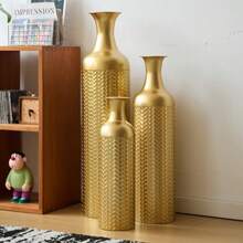 Set Of 3 Large Gold Floor Vases - Decorative Floor Vases With Textured Pattern (50/66/83 Cm) Tall Metal Planters, Decorative Vases For Living Room And Hallway In Vintage Design - Gold - View 6