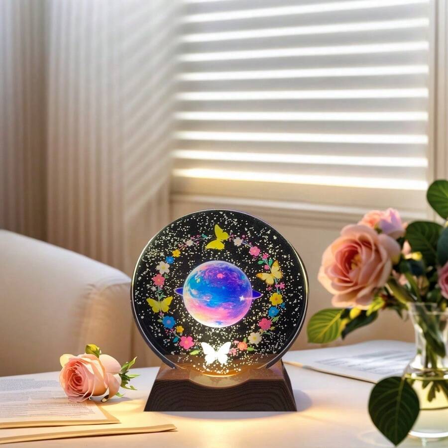 Butterfly Surrounded Floral Landscape, Planet Crystal Round Night Light, Dreamy Starry Sky, 3D Carved Atmosphere Lamp, Girly Heart Shaped, Bedroom Bedside Healing Night Light, Fairy Tale Style Desk Decor Lamp, Creative Gift For Girlfriend/Best Friend, Accompany You Strolling In The Romantic World Of Flowers, Butterflies And Starry Sky - Multicolor - View 1