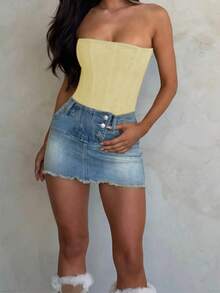 Onicee 女士夏季上衣，黄色情人节套装，时尚网纱腰部抹胸休闲吊带衫，适合情人节、约会、聚会、派对、旅行、度假、海滩等场合。 - 黃色 - 查看 5