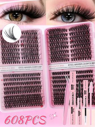 608/544 piezas Juego de extensiones de pestañas individuales con rizo D, alta capacidad con adhesivo y sellador, incluye pinzas, brochas y herramientas para principiantes y profesionales. Aspecto natural y suave, pestañas esponjosas y gruesas de 10-16 mm en estilos mixtos de alta capacidad para usar en casa.