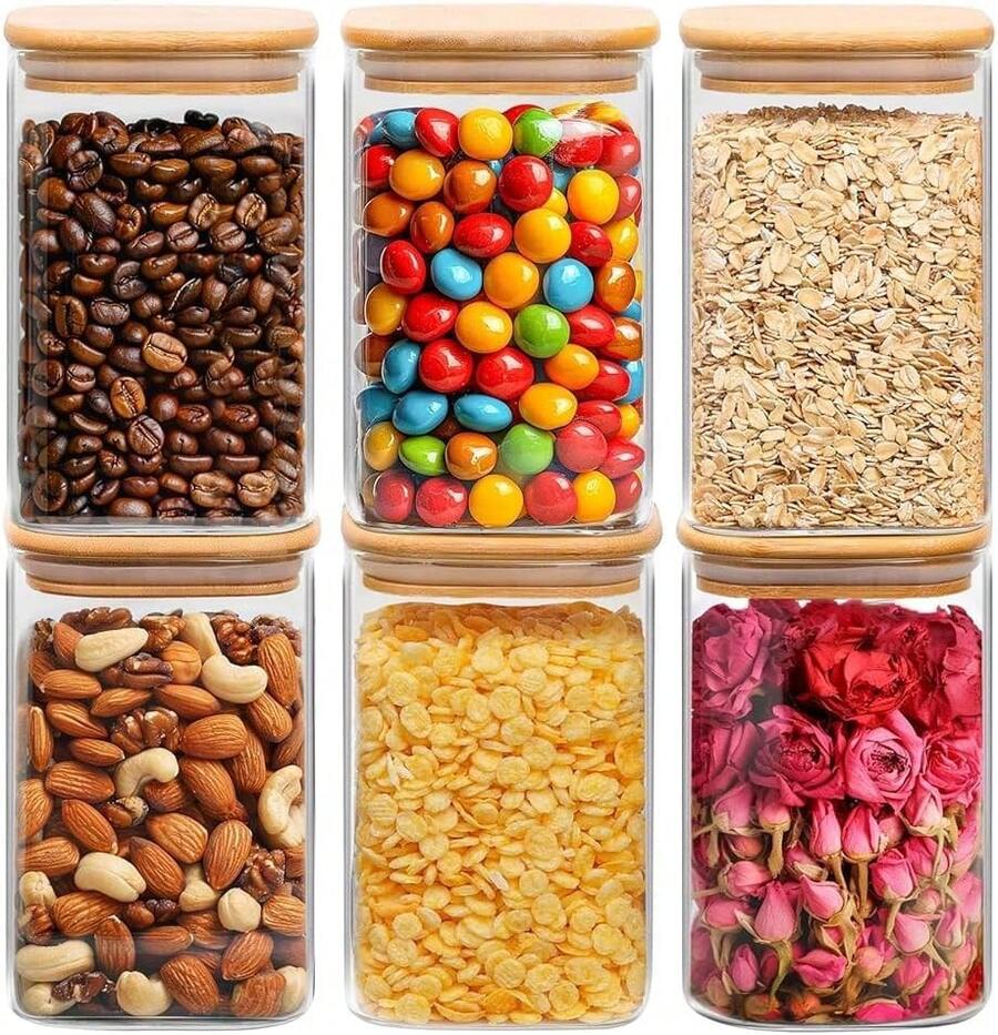 37 Oz - 6-Piece Set Of Glass Storage Containers With Airtight Bamboo Lids, Lidded Glass Jars, Clear Food Jars, Kitchen Storage, For Cookies, Flour, Oats, Pasta, Tea, Coffee Beans, Square Jars. - 透明 - 查看 1