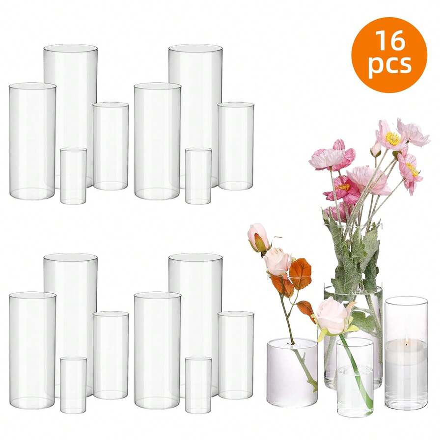 16/24/36/48/72pcs Clear Glass Cylinder Vases, 4, 6, 8, 10 Inch Tall Cylinder Vases For Centerpieces, Glass Flower Vase, Hurricane Floating Candle Holder Vase For Table Shelf, Party, Wedding, Home Decor, Spring Decor, Mother's Day Decor, Ideal Mother's Day Gift - 透明 - 查看 1
