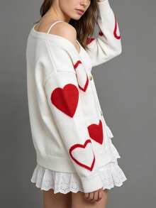 Womens Heart Cardigan Sweaters Valentines Oversized Winter Button Up Cute Knit Sweater - White - View 5