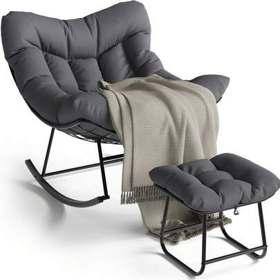 Silla de balanceo de Papasan de gran tamaño con cojín otomano y acolchado, silla de balanceo en forma de huevo de marco metálico, sillas de salón cómodas del patio al aire libre para la sala de estar del dormitorio Sala de lectura Balcón