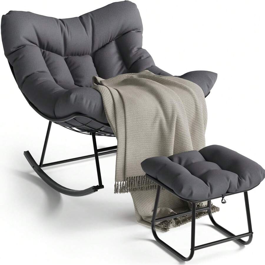 Silla de balanceo de Papasan de gran tamaño con cojín otomano y acolchado, silla de balanceo en forma de huevo de marco metálico, sillas de salón cómodas del patio al aire libre para la sala de estar del dormitorio Sala de lectura Balcón - Gris - Ver 1