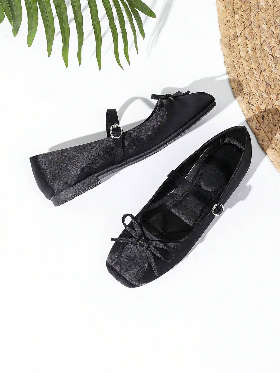 2025 New Autumn Satin Mary Jane Flat Shoes For Women With Bow Tie, Black - Black - View 1