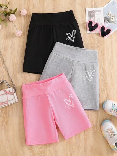 3pcs/Set Girls Tween Girl Summer Numeric Print Sports Shorts, Children Casual All-Match Elastic Waist Solid Color Pants Combination