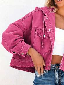 Chaqueta bomber informal de mezclilla verde lavada para mujer, con capucha, manga larga, corte regular y elasticidad media. - Rosa Fucsia - Ver 5