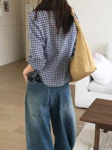 Autumn Cinched Waist Striped Long Sleeve Shirt Tops - Blue - View 2