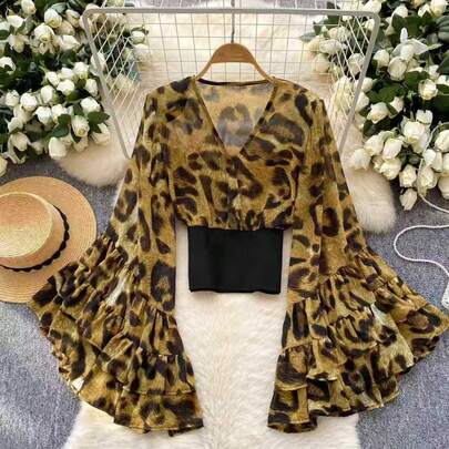 Leopard Print Deep V-Neck Color Block Layered Ruffle Sleeve Women Top