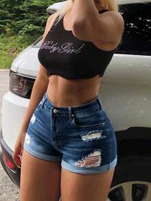 Women's Bestseller Stretchy High Waist Ripped Denim Shorts For Women - Sexy Wheat Skin Tone Curvy Fit | Elastic Fabric | Perfect For Summer Sexy Outings/Date Outfit - 深色水洗藍 - 查看 2