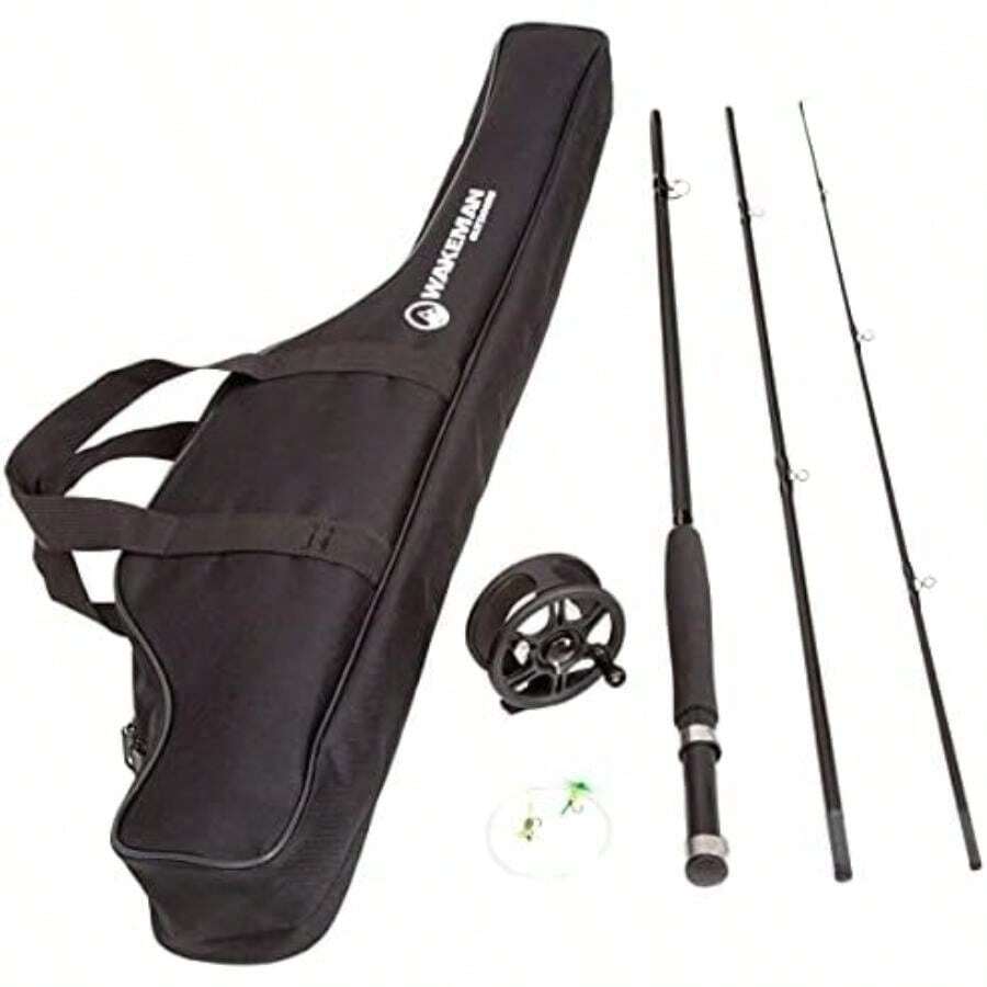 Wakeman Colección de Bastones de Pesca con Mosca – 3 Piezas Plegables de Fibra de Vidrio y caña de Corcho y Carrete ambidiestro Combo con Funda de Transporte y Accesorios Outdoors(Charter Series - Kit combinado de pesca con mosca) - Multicolor - Ver 1