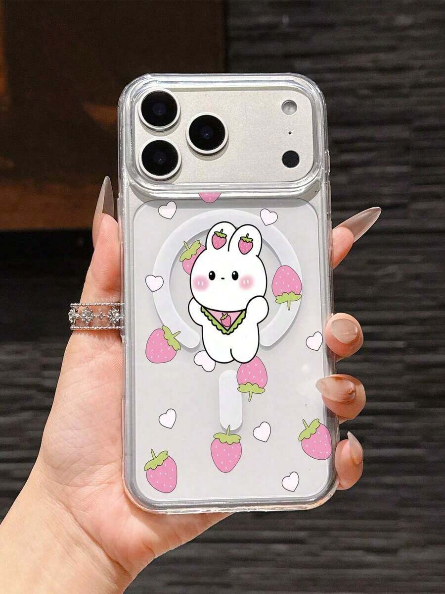 1pc Funda de Teléfono Acrílica Transparente con Patrón de Corazón de Conejo de Fresa para iPhone 11/17 Pro Max, Cumpleaños, Día de San Valentín, o Parejas. - transparente - Ver 1