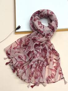 Nuevo pañuelo estampado bohemio, chal ligero y transpirable con flecos, elegante estilo de protección solar para mujer, ideal para la playa y los viajes - Rosa vieja - Ver 6