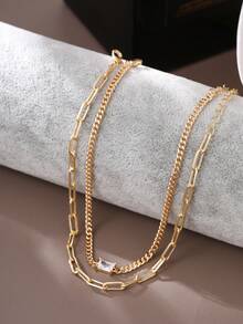 Nooxian 2件套派对风极简性感金色十字链和条形链叠层脚链，镶嵌方形锆石，独特原创女士脚部饰品礼品 - 金黃色 - 查看 4