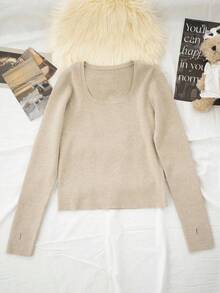 Áo nữ tay dài cổ vuông dáng ôm, nhẹ nhàng, kiểu dáng tối giản, mẫu mới mùa xuân, phù hợp mặc ở nhà, đi làm, hẹn hò, dạo phố, thời trang và đa năng. - Màu bột yến mạch - Xem 6