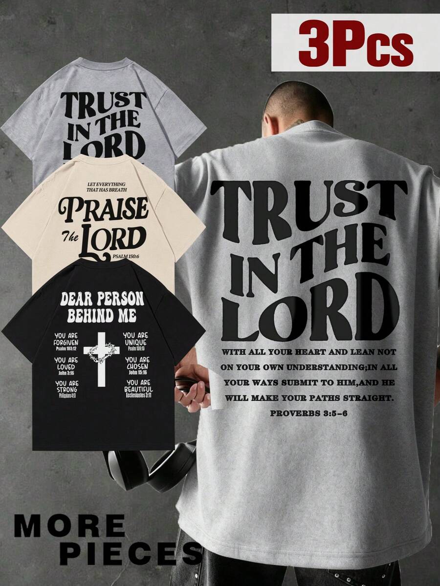 3件装 Zrgoth 男士休闲百搭简约街头字母和英文标语印花短袖T恤 - 彩色 - 查看 1