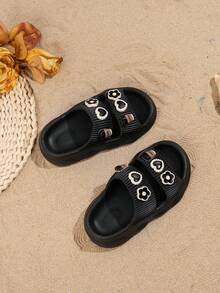 1 Pair Kids/Toddlers Cute Heart Fashionable Casual Lightweight EVA Outdoor Slip-On Sandals, Open Toe & Heel, Beach Shoes - Black - View 7