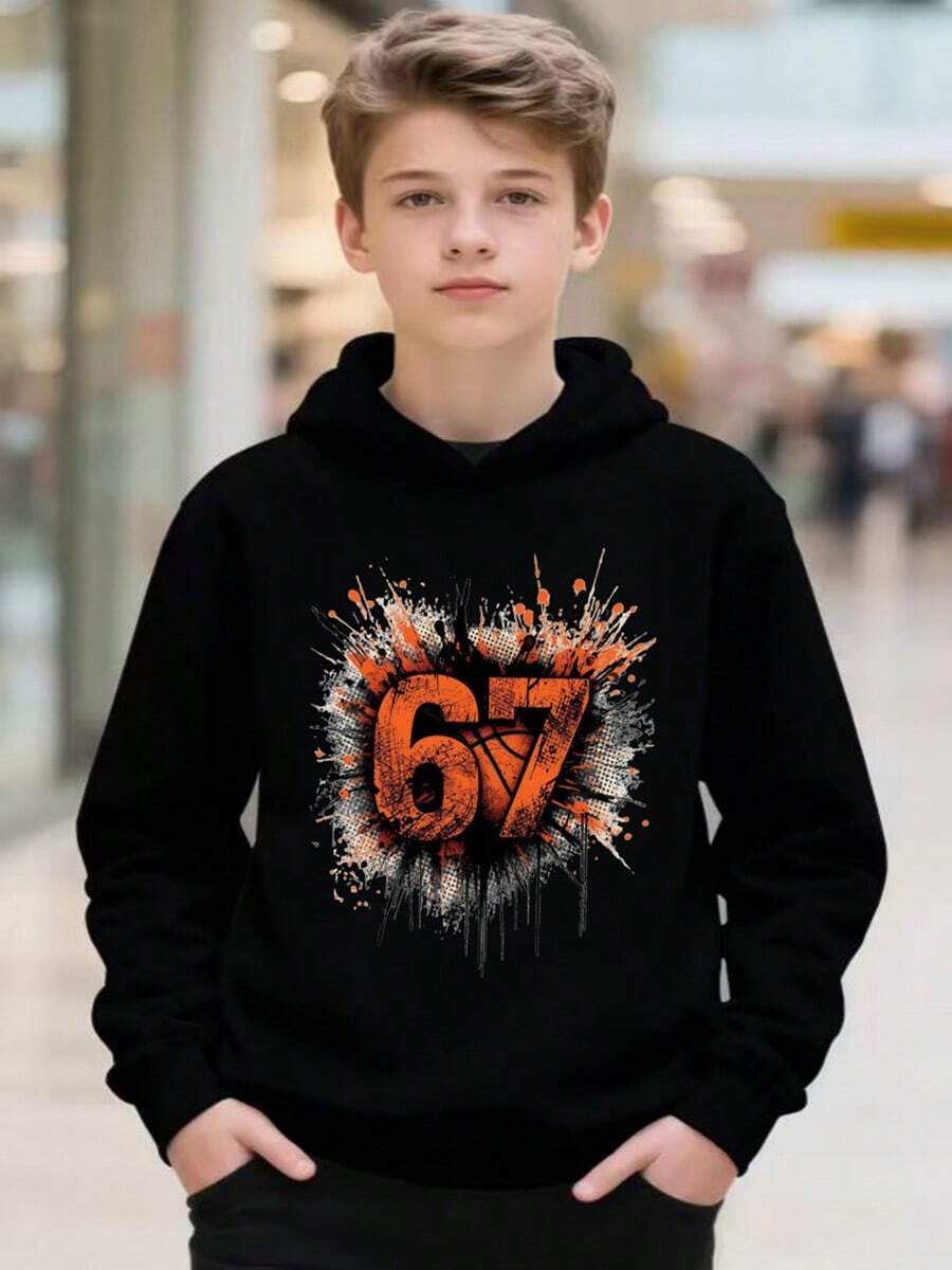 Boys Number 67 Splatter Print Hoodie - Casual Winter Unisex Long Sleeve Pullover With Unique Splatter 67 Design, Perfect For Winter Casual Wear And Christmas Gifting, A Bold Fashion Statement For Kids And Teens, Shipped Directly From The USA - 黑色 - 查看 1