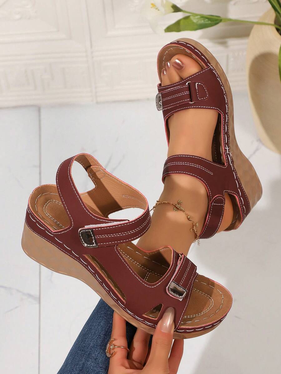Sandalias de plataforma con suela gruesa para mujer, nuevas sandalias de moda de verano, zapatos con elevador, cierre de gancho y bucle para sandalias de mujer - Burdeos - Ver 1