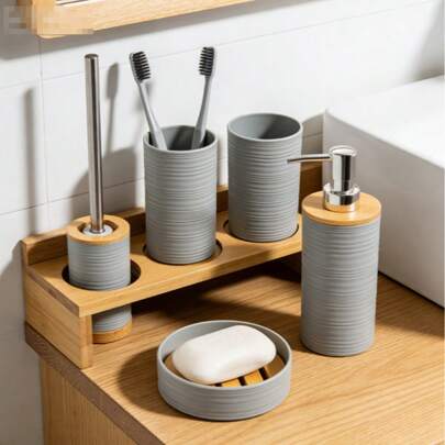 5-częściowy zestaw do przechowywania w łazience, wykonany z wytrzymałego, wodoodpornego tworzywa sztucznego, oszczędzający miejsce uchwyt na szczoteczkę do zębów + mydelniczka + odporna na rdzę szczotka toaletowa, dostępny w różnych kolorach, odpowiedni do domu/hotelu, świetna wartość!