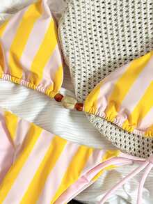 Conjunto de bikini de mujer a rayas amarillas y rosas, sexy con cuentas, de tela de alta elasticidad, adecuado para la playa, la piscina, fiestas, vacaciones - Primavera/Verano - Rosa - Ver 6