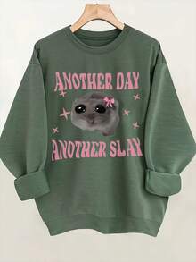 2026 Valentine Outfits For Women Women's Black Hoodie - Another Day Shining Cute Hamster Face Pattern, Soft Daily Sweatshirt, Machine Washable Casual Clothing Essential - Ideal Gift For Cat Lovers, Fun Text Design, Comfortable Fit Loose And Comfortable Valentine's Day - màu đen - Xem 8