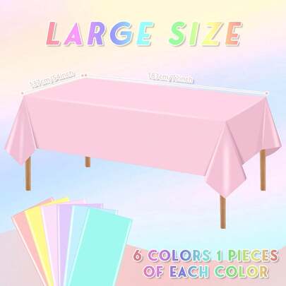 A Set Of Pastel - Colored Tablecloths With 6 Colors. These Are Disposable Rectangular Plastic Colored Tablecloths, Suitable For Outdoor Scenes, Festival Events, Ice - Cream Party Decorations, As Well As For The Layout Of Dining Halls At Graduation Ceremonies, Weddings, Picnics And Other Occasions.
