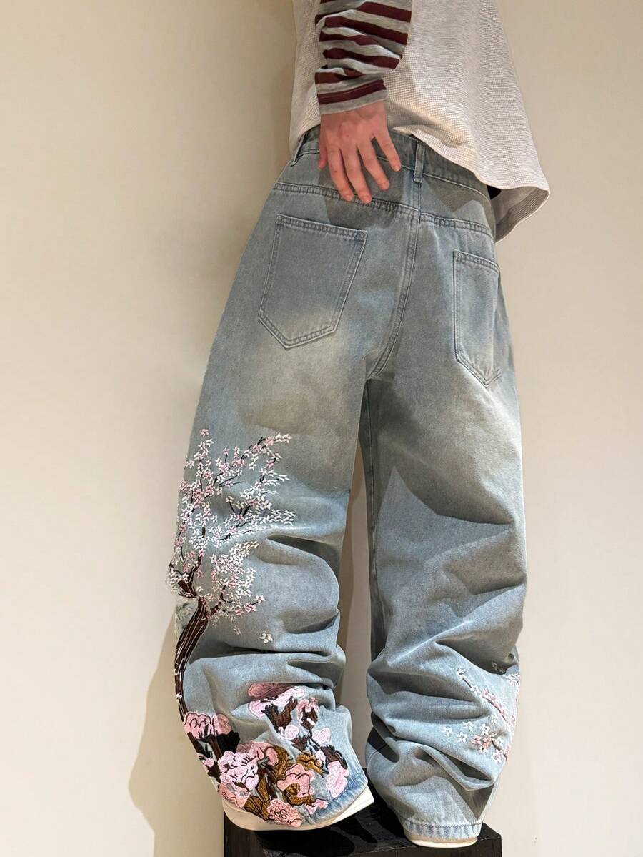 1 buc. Justice Brother, stil coreean de stradă, design brodat, spălat, albastru deschis, croială lejeră, blugi largi, pantaloni casual (curea și accesoriile nu sunt incluse)