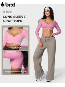 BRXL Long Sleeve Crop Tops For Women Built In Bra Padded Yoga Shirts Deep V Neck Buttery Soft Slim Fit Workout Pilates Gym - 粉色 - 查看 4