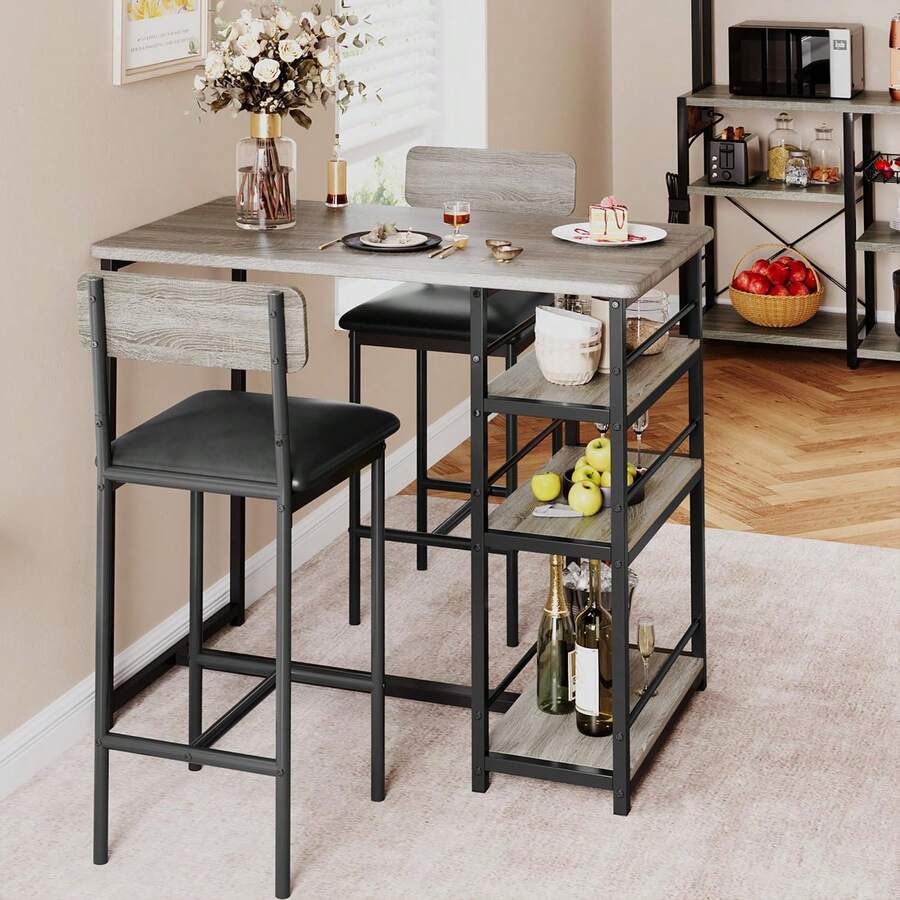 Techigher Dining Table Set For 2, Kitchen Table And Chairs, 3 Piece Counter Height Bar Kitchen Table Set With 2 Upholstered Chairs & 3 Storage Shelves For Small Space, Apartment - 1+2 Set - Gray - 查看 1
