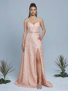 带肩带的口袋式礼服，饰有刺绣蕾丝贴花，扇形边缘，前开衩设计，高端晚礼服。女士优雅连衣裙 - 橘色 - 查看 1