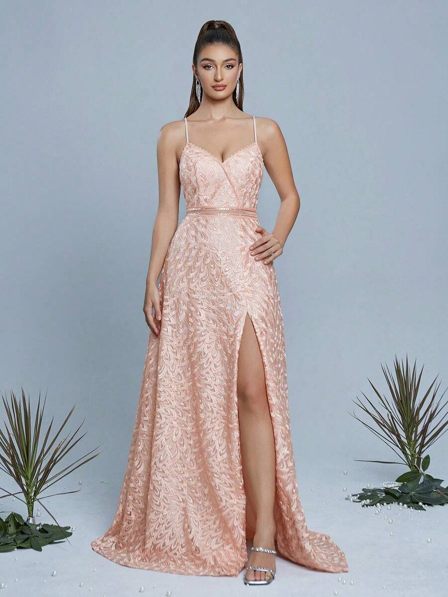 带肩带的口袋式礼服，饰有刺绣蕾丝贴花，扇形边缘，前开衩设计，高端晚礼服。女士优雅连衣裙 - 橘色 - 查看 1