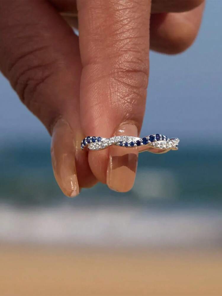 A Personalized Custom Wave Birthstone Ring, This Charming Dual Birthstone Wave Ring Celebrates The Special Bond Between You And Your Daughter. Two Sparkling Birthstones Dance Together In An Elegant Wave Design, Symbolizing The Beautiful Connection Between You. Very Suitable For Mothers Who Want To Keep Their Daughter's Birthstone In Their Heart Or As A Meaningful Gift - Silver - View 5