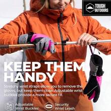 Tough Outdoors Women's Ski Gloves - Waterproof Women's Snow Gloves - Winter Ski Snow Gloves - Snowboard Gloves - Ladies' Cold Weather Gloves - Rosa - Gris espacial con hebilla de muñeca - Ver 4